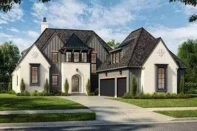 Transitional French Country Home Plan with Pocket Home Office