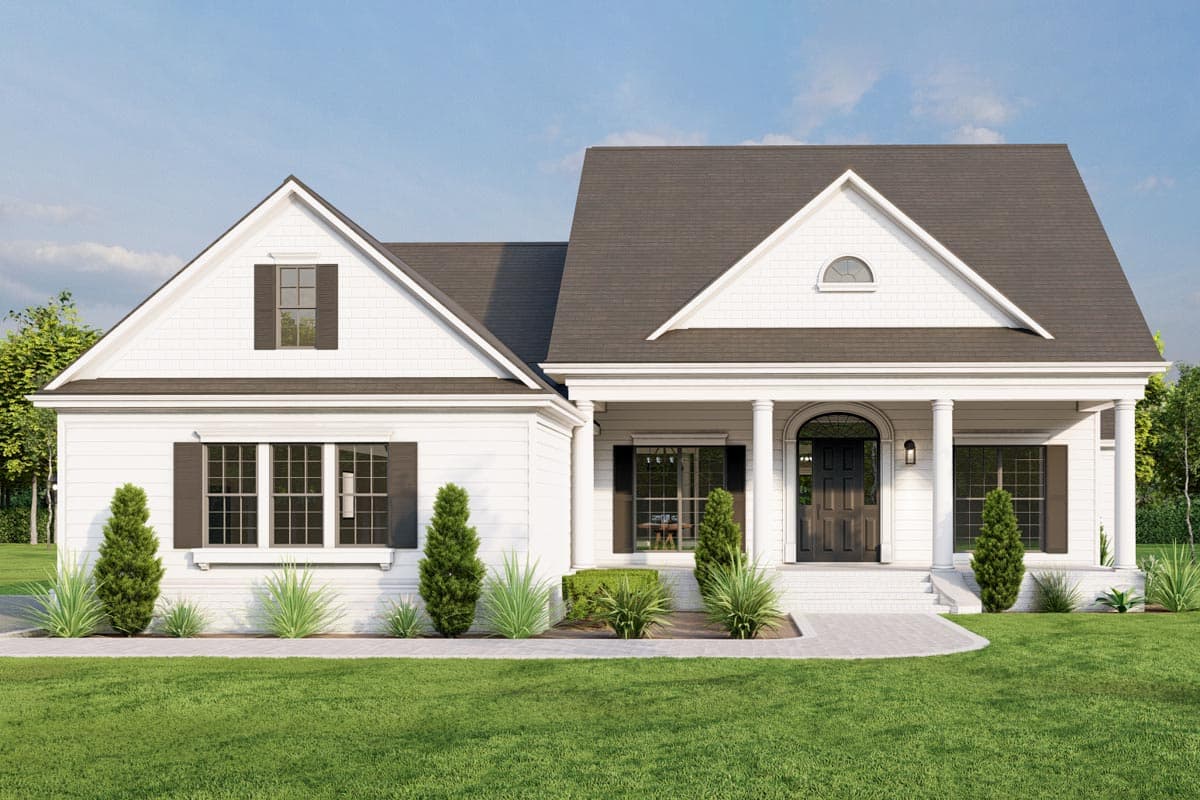 House plan exterior. Two-story, farmhouse-style home with gabled roof, front porch with columns, and dormer window.