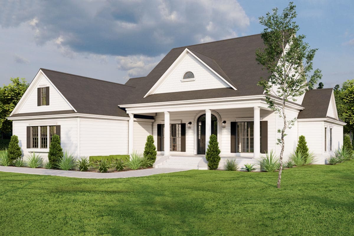 House plan exterior: One-story Modern Farmhouse with a prominent covered entry, white siding, gables, and dark shutters.