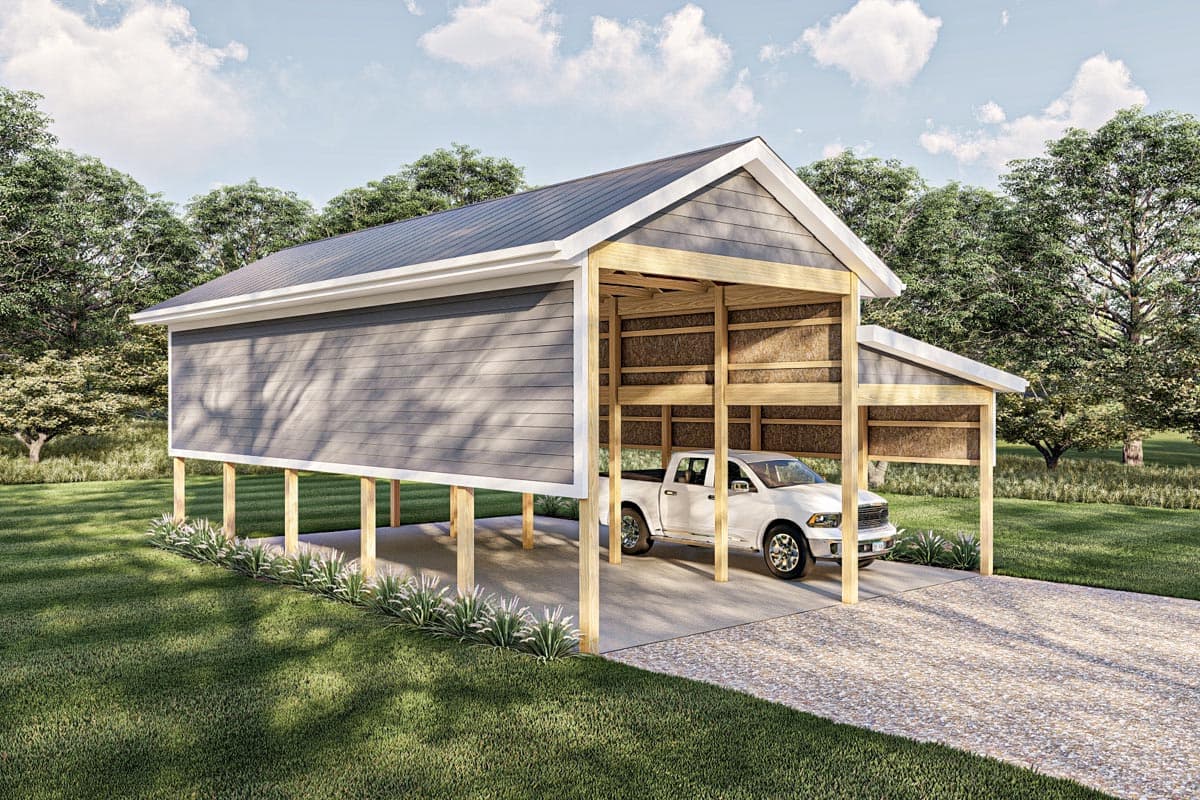 House plan exterior of a two-bay carport on stilts with gabled roofs and horizontal siding.