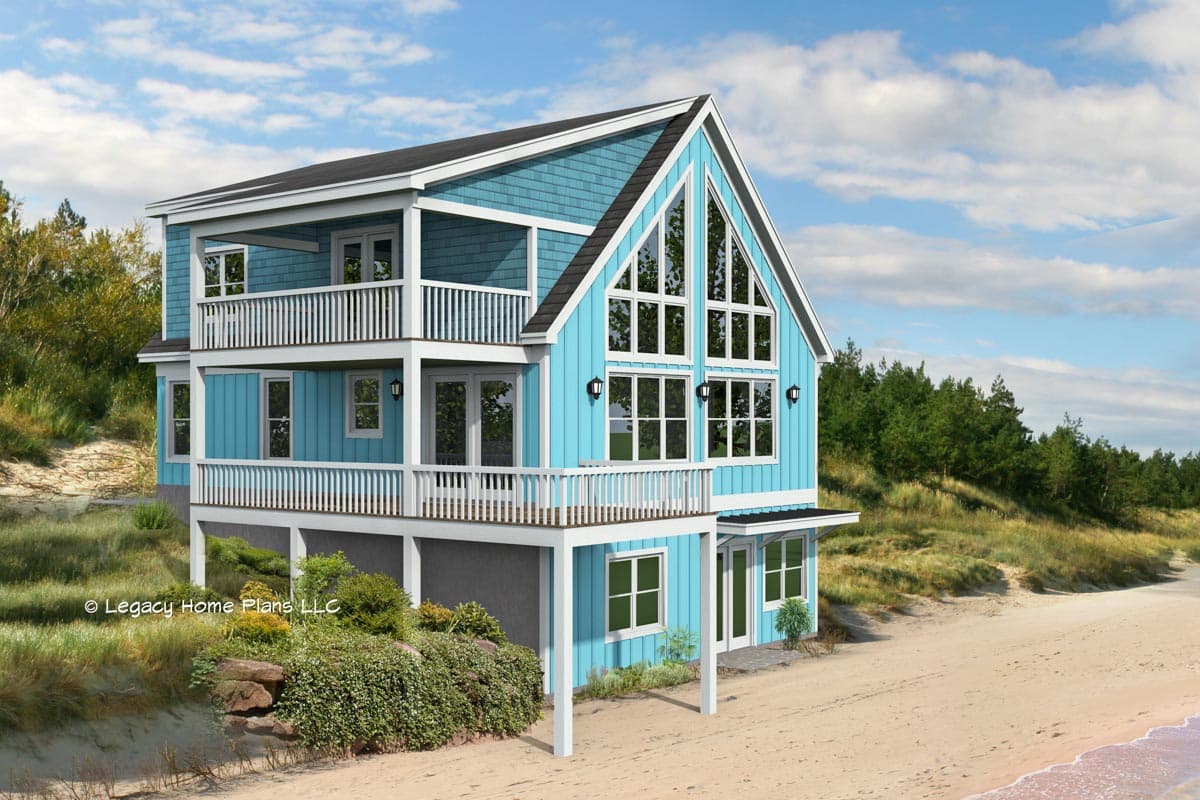 House plan exterior of a blue, three-story beach house with multiple balconies and a prominent A-frame gable window.