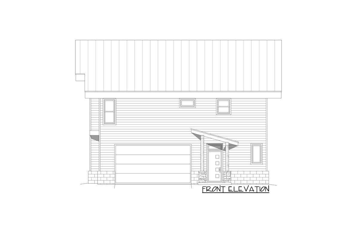 Front elevation drawing of a two-story house with a metal roof, horizontal siding, attached garage, and modern angled porch.