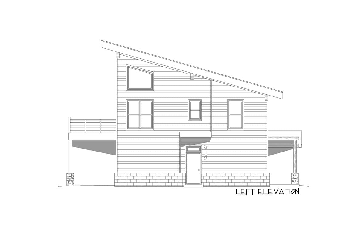 Left elevation drawing of a two-story house plan with a sloped roof, deck, and covered porch.