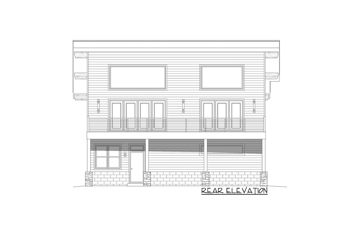Rear elevation drawing of a two-story house with horizontal siding, two upper windows, and balconies with double doors.