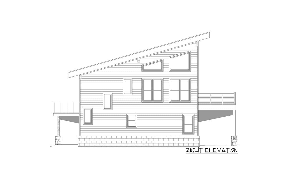Right elevation drawing of a two-story house plan featuring a sloped roof, multiple window styles, and a deck.