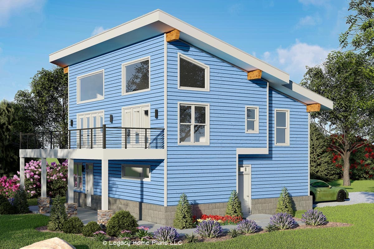 House plan exterior view of a two-story modern home. Features include a flat roof, balcony, and contrasting wood beams.