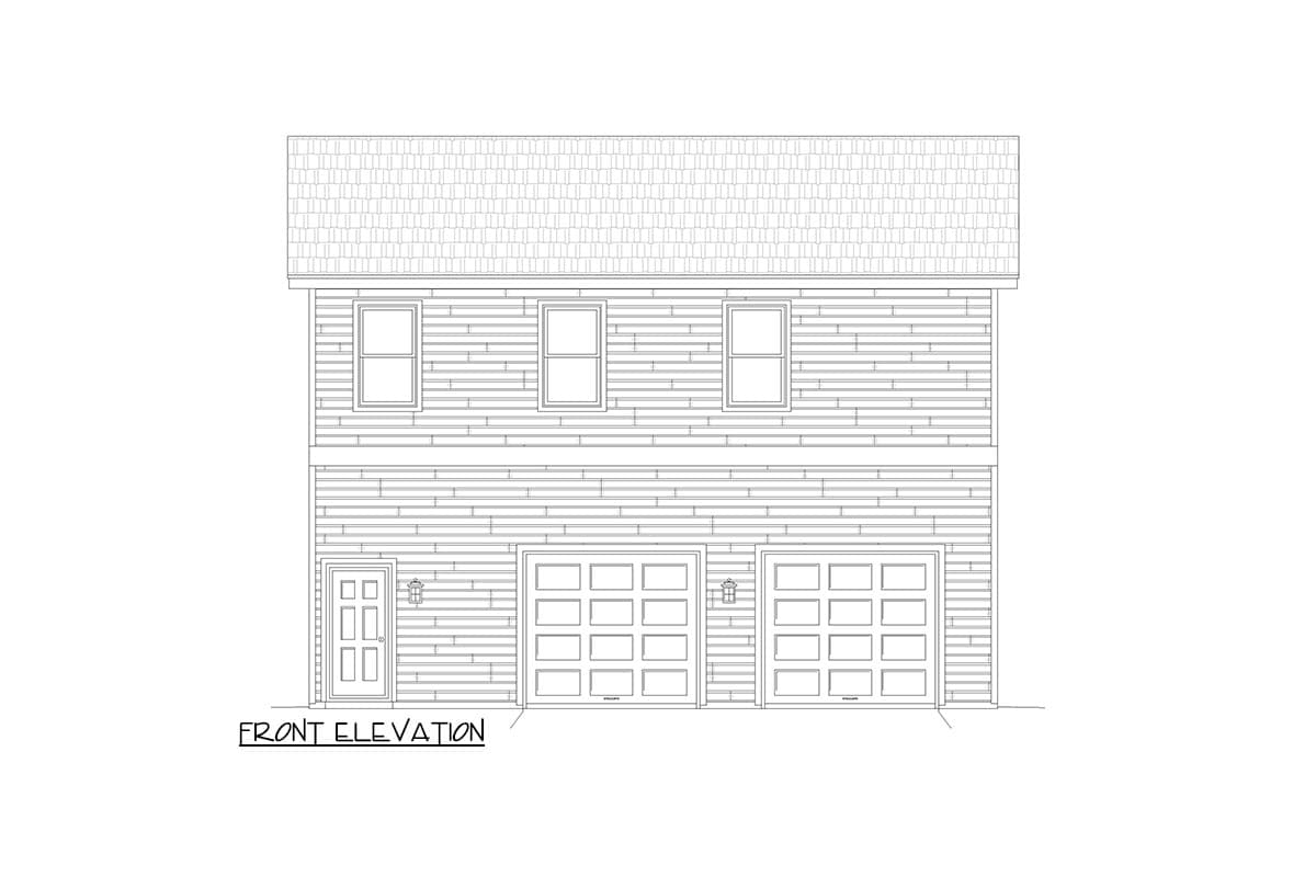 Front elevation drawing of a two-story house plan with clapboard siding, three upper windows, a front door, and two garage doors.