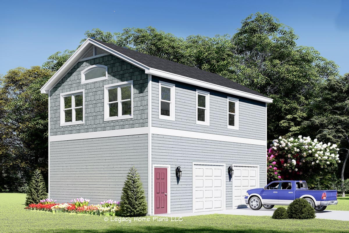 House plan exterior with two stories, gabled roof, and two-car garage. Features include a side-entry door and shingle-style siding on the upper story.