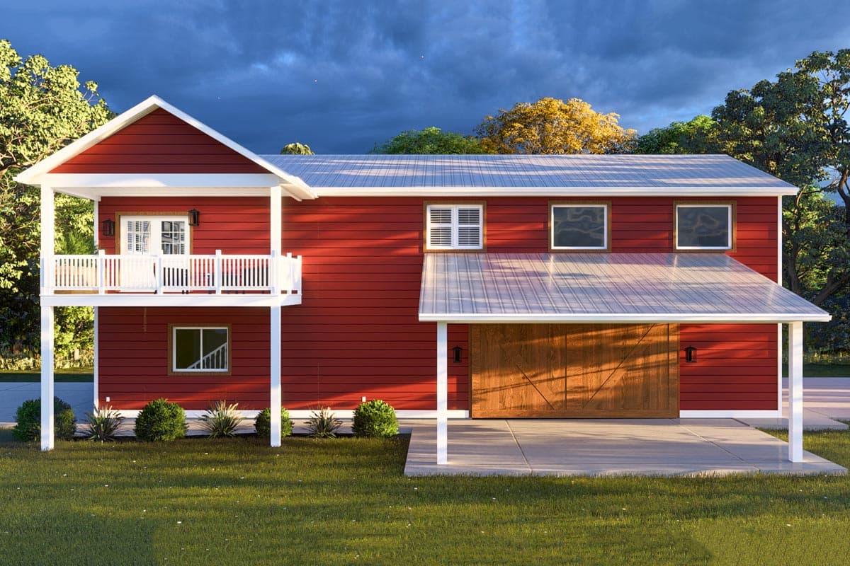 House plan exterior: two-story red house with metal roof, second-story balcony, and attached one-car garage.