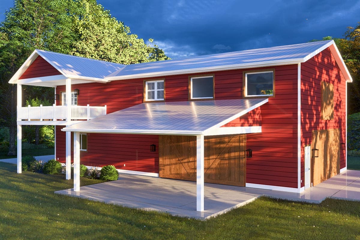 Barn-style house plan exterior with red siding, white metal roof, covered porch, and two large sliding barn doors.