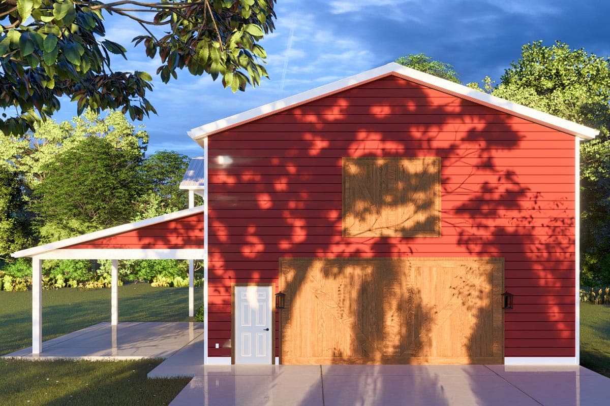 Barn style house plan exterior with red siding, large wooden garage door, covered carport, and white trim.