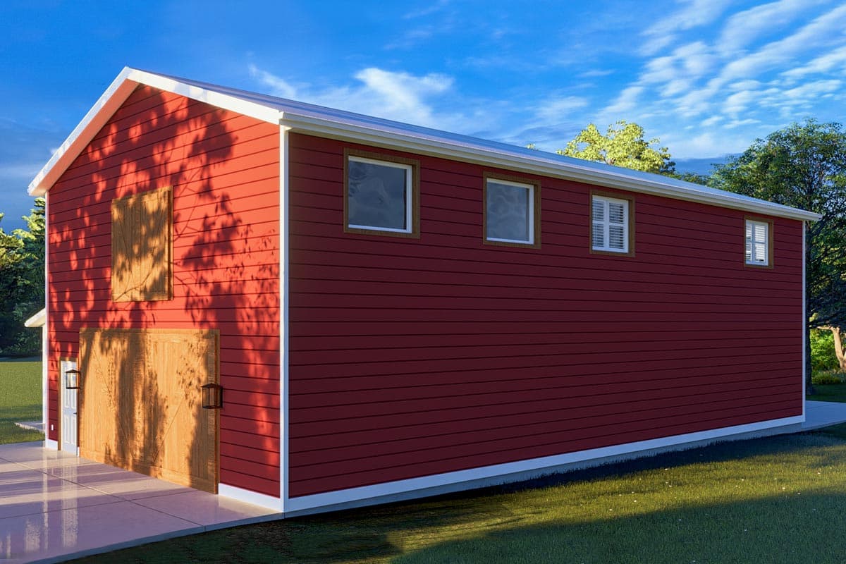 Red two-story house plan exterior with a gabled roof, large double doors, and multiple windows.
