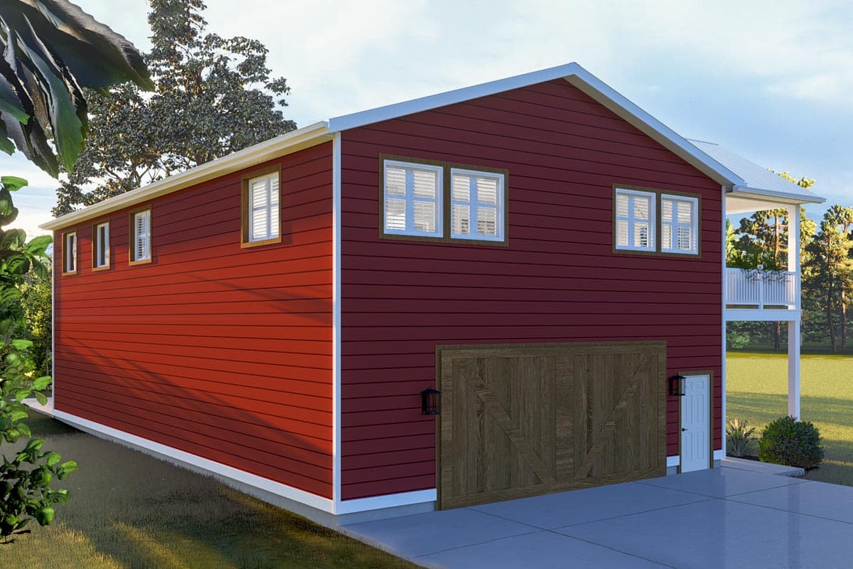 House plan exterior, two stories, red horizontal siding, large wooden garage door, white windows, and a second-story balcony.