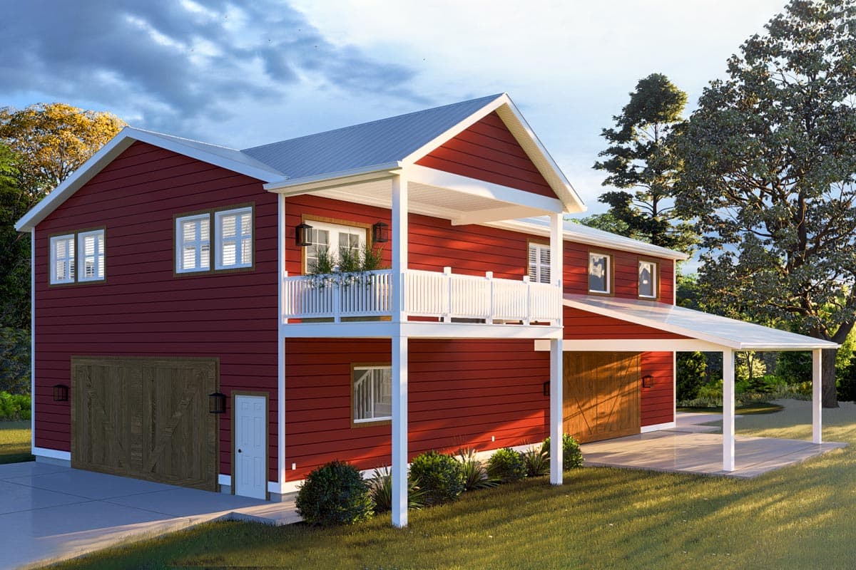House plan exterior. Two-story, red siding, with a gable roof, balcony with white railing, and a carport.