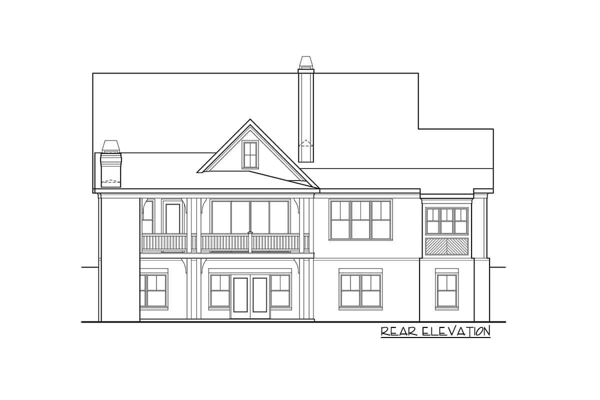 Rear elevation drawing of a two-story house plan with double-level porches, gables, and chimneys.