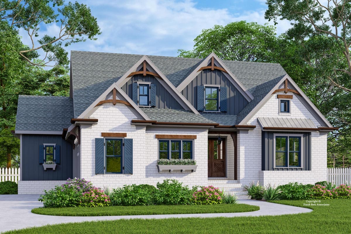 House plan exterior. Craftsman style, two stories. Features include gabled rooflines, dormers, and a covered porch with a metal roof.