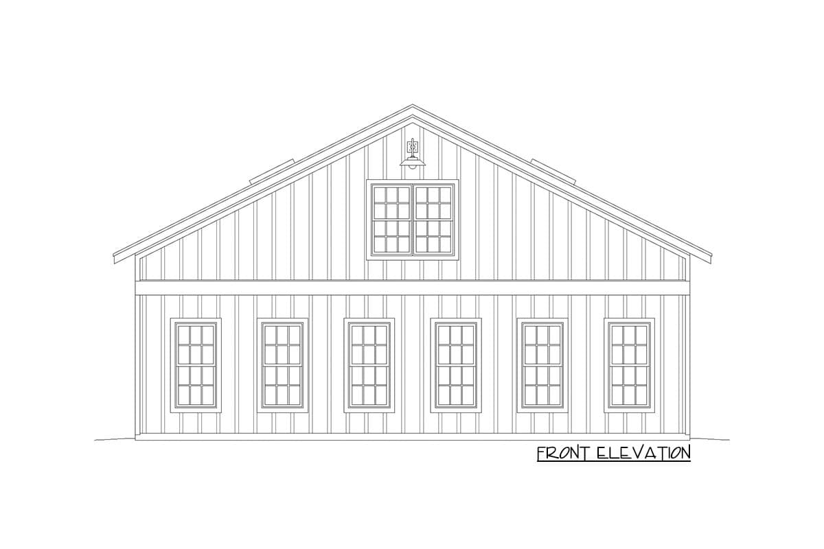 Front elevation drawing of a house with board-and-batten siding, six windows on the main level, and one window in the gable.