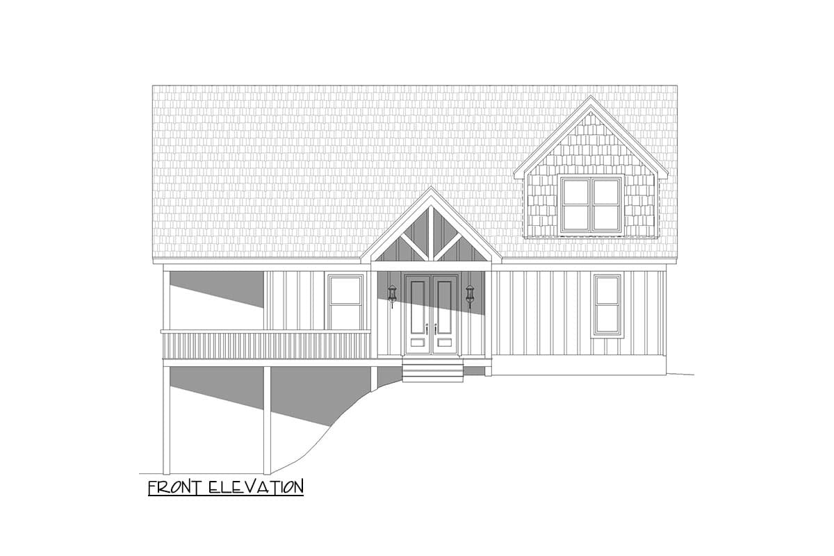 Front elevation drawing of a two-story house plan with a gabled entry porch, dormer, and covered side porch.