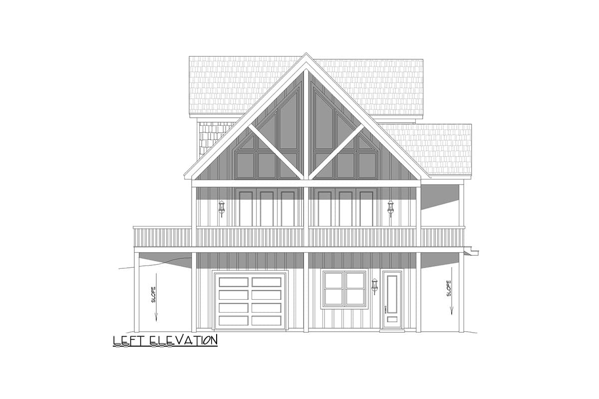 Left elevation house plan with gabled roof, wrap-around deck, and garage.