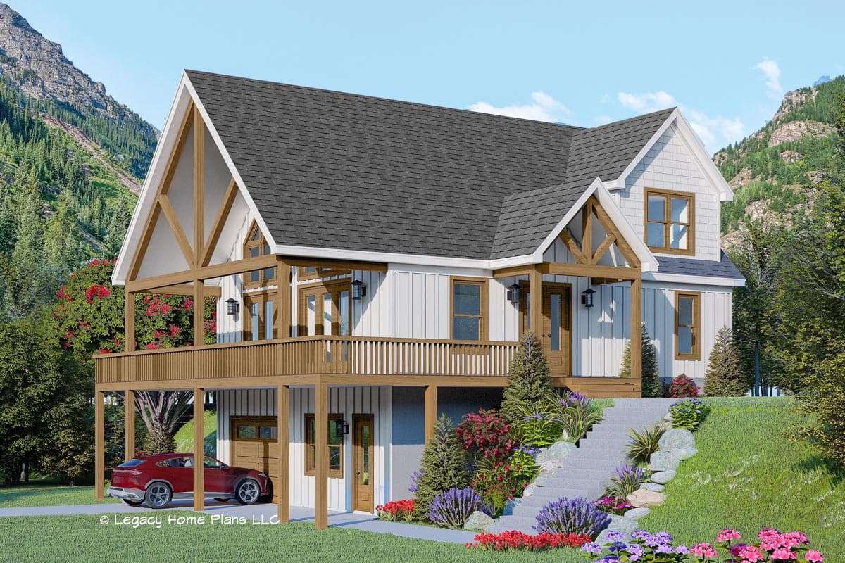 House plan exterior. Two-story Modern Farmhouse with a gabled roof, timber frame detailing on the porch, and a second-story balcony.