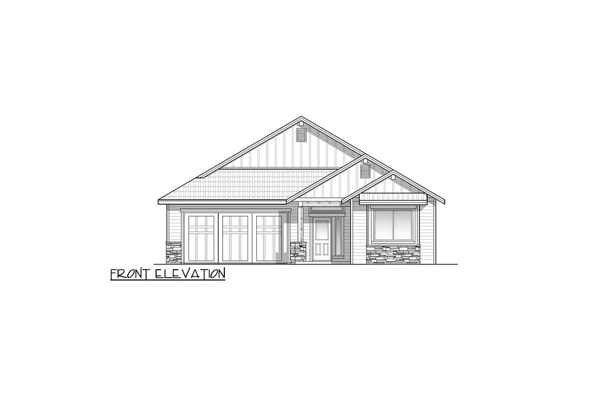 Front elevation drawing of a single-story house with a three-car garage, covered entry, and prominent gables.