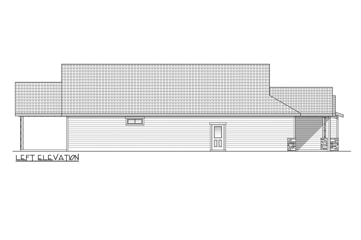 Left elevation of a house plan showing a porch with stone columns, a front door, and an attached garage.