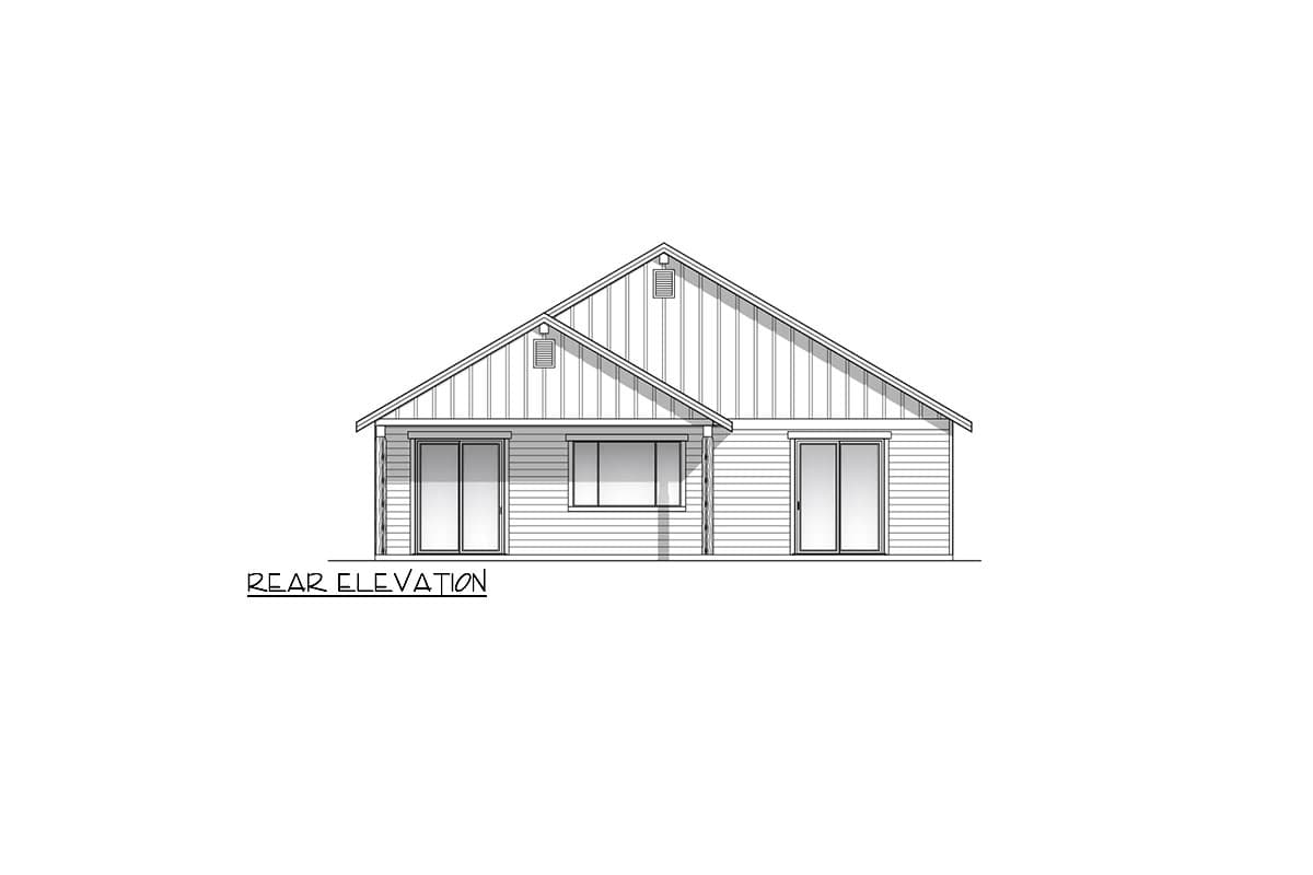 Rear elevation drawing of a single-story house with gabled roof, siding, and two sliding glass doors.