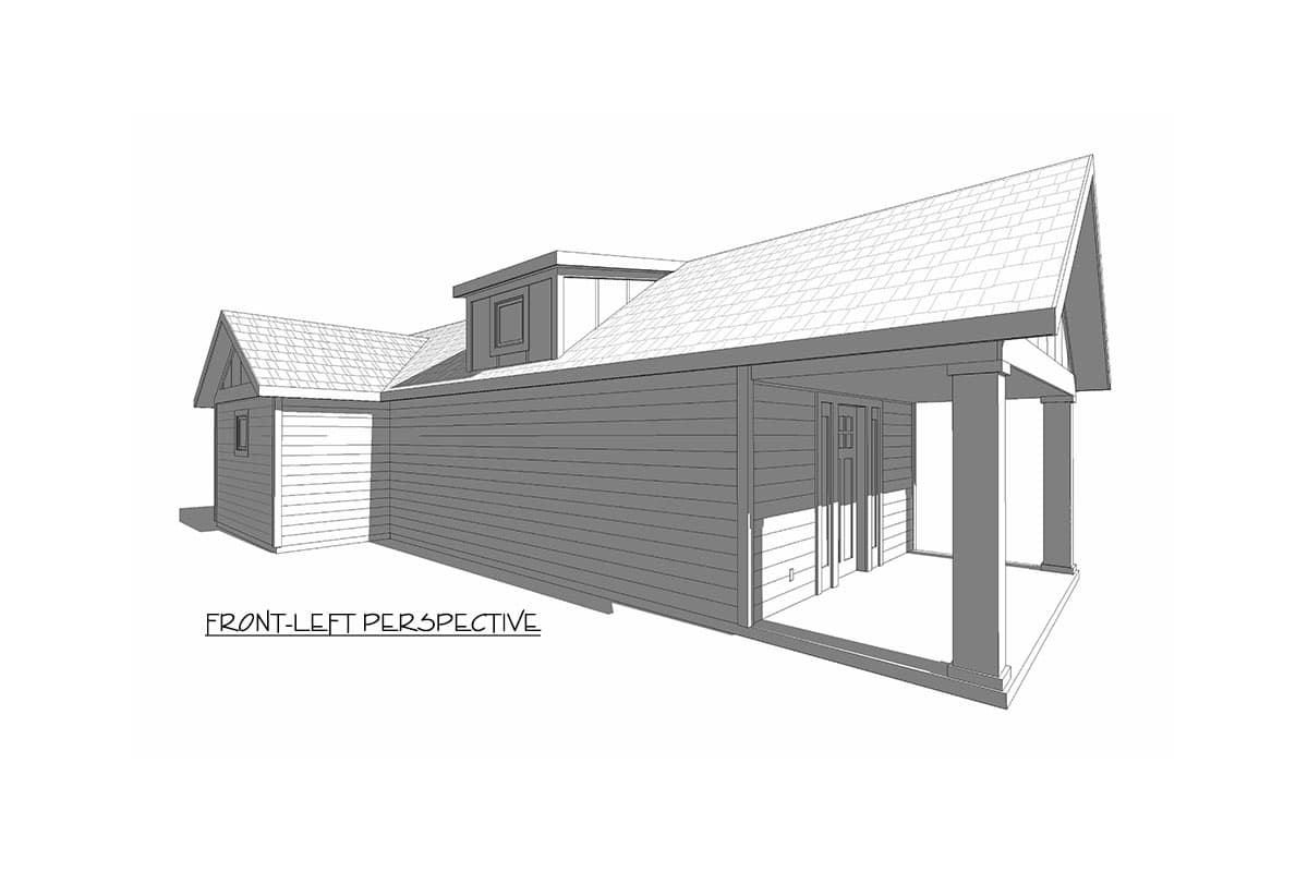 House plan exterior, front-left perspective, with a gable roof, dormer, covered porch, and siding.