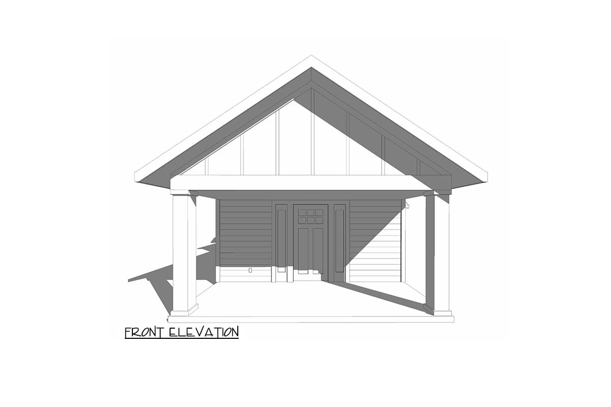 Front elevation drawing of a house plan featuring a prominent gabled roof, wide porch with square columns, and double front doors.