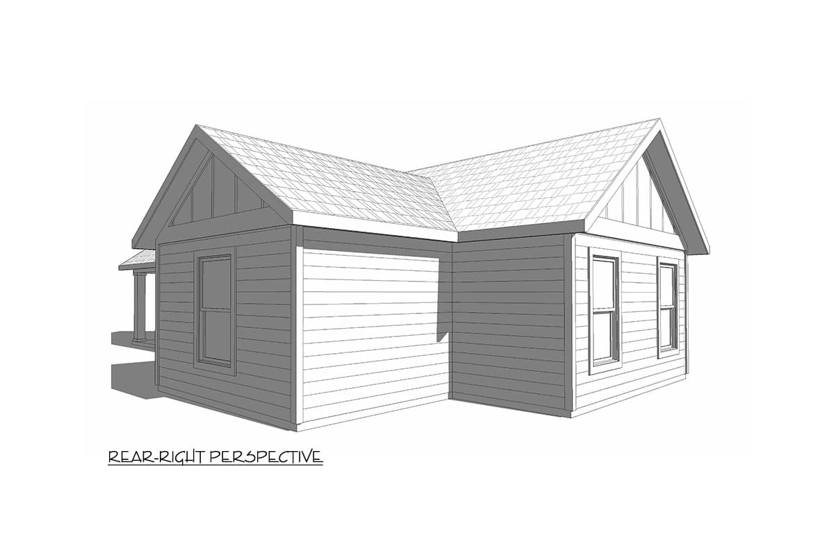 House plan exterior, rear-right perspective. One-story home with gabled roof, horizontal siding, and covered porch detail.