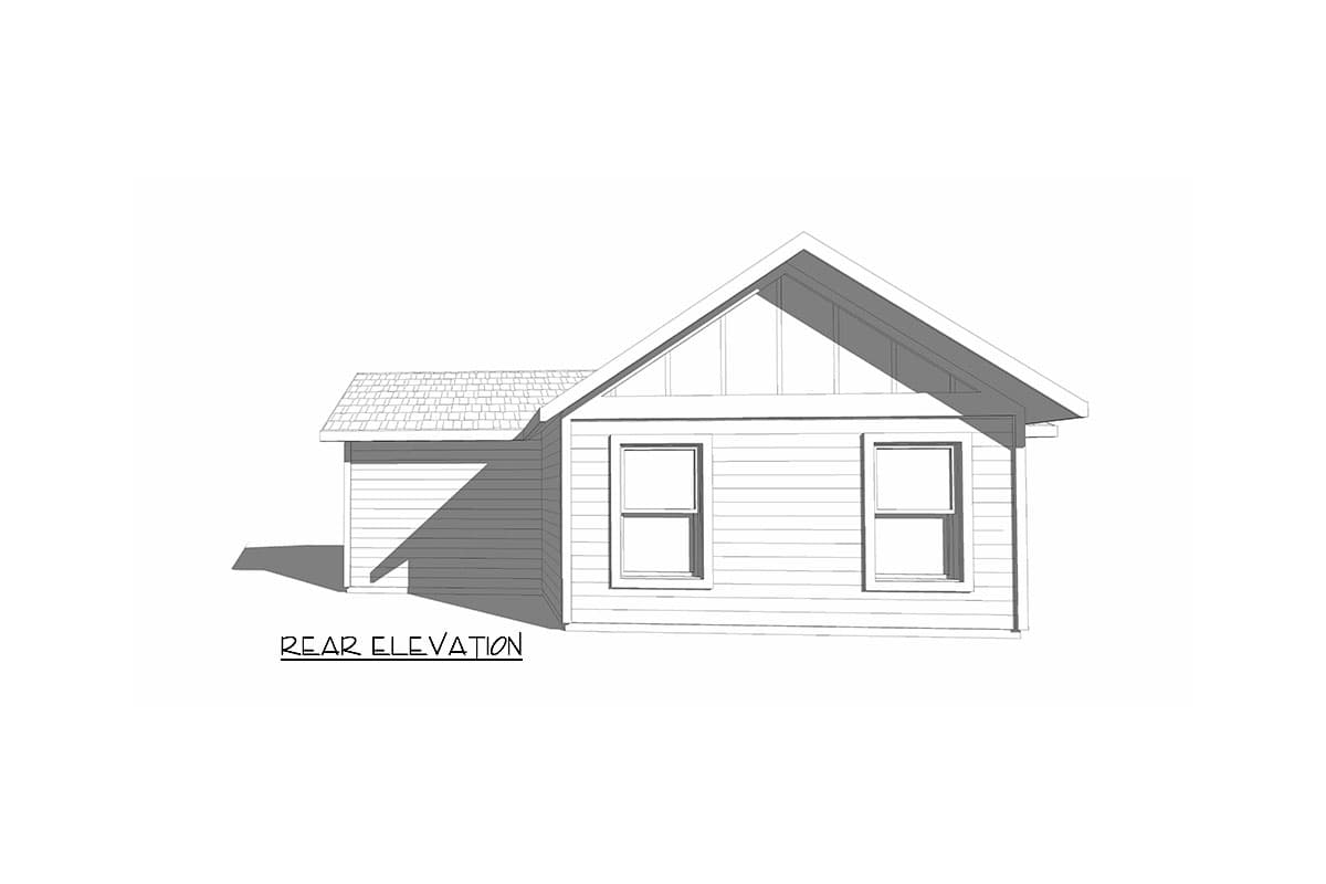 Rear elevation of a house plan showing siding, two windows, a gabled roof with exposed rafters, and an attached garage.
