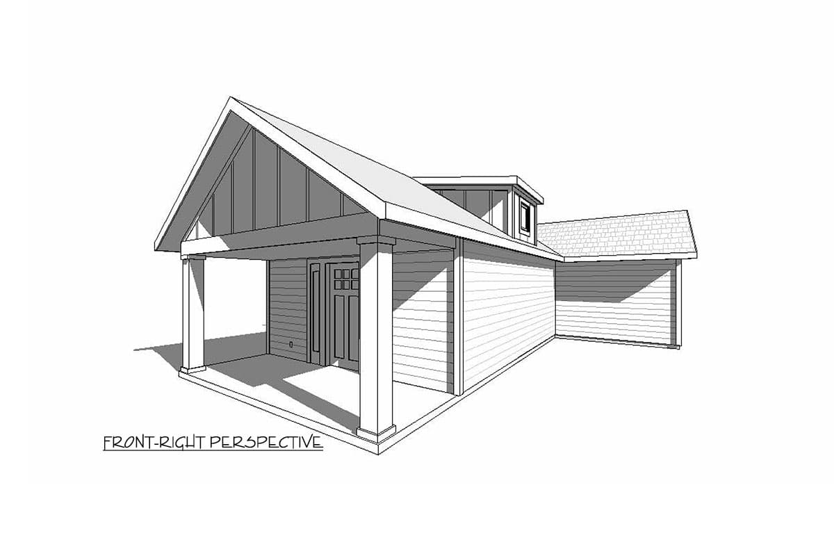 House plan exterior: One-story design with covered front porch, gabled roof, dormer, and siding.