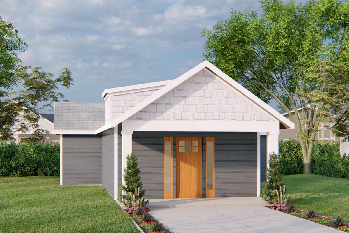House plan exterior. One-story Craftsman with gabled roof, shake siding, and a covered front entry. The design also features a wood door.