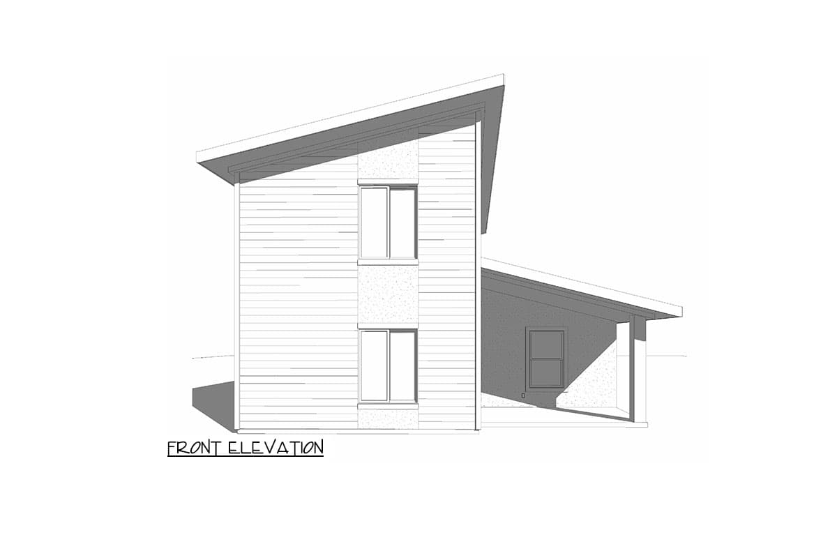 Front elevation drawing of a two-story house with horizontal siding, stucco accents, and a sloped roof.