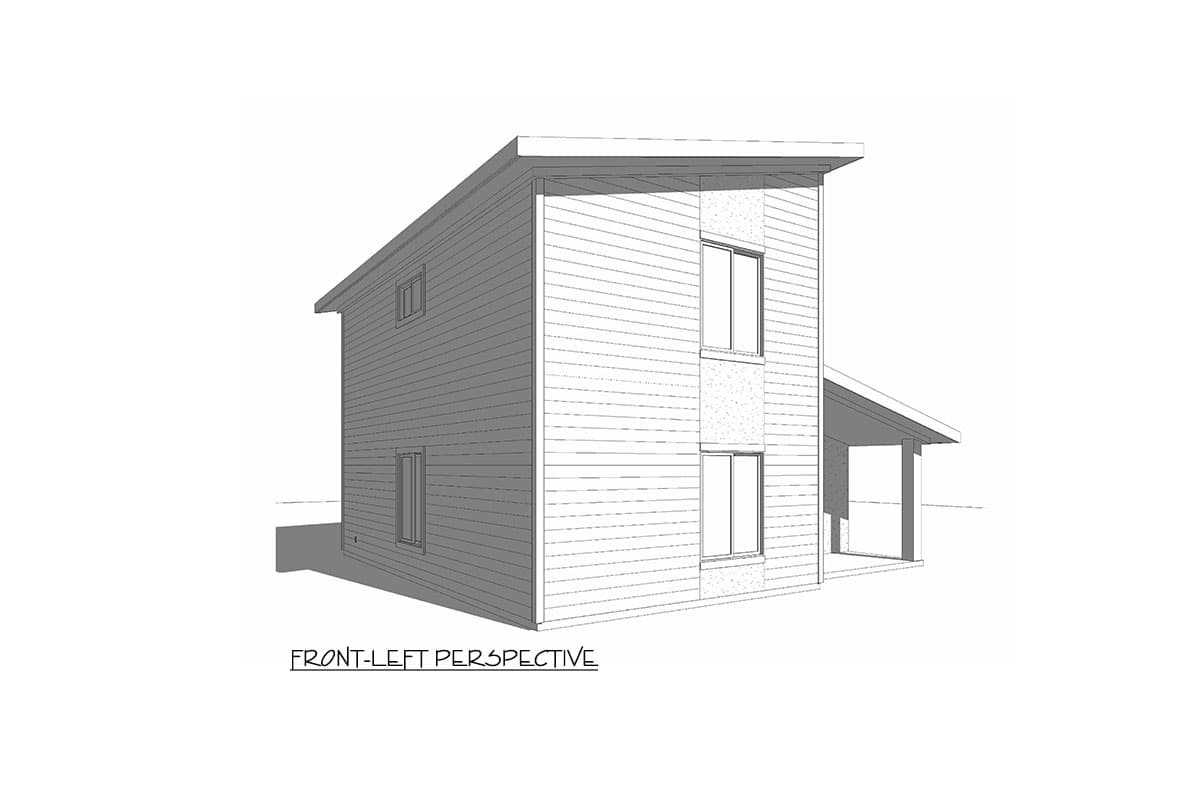 House plan exterior, two-story modern design with horizontal siding, stacked windows, and a covered entry.