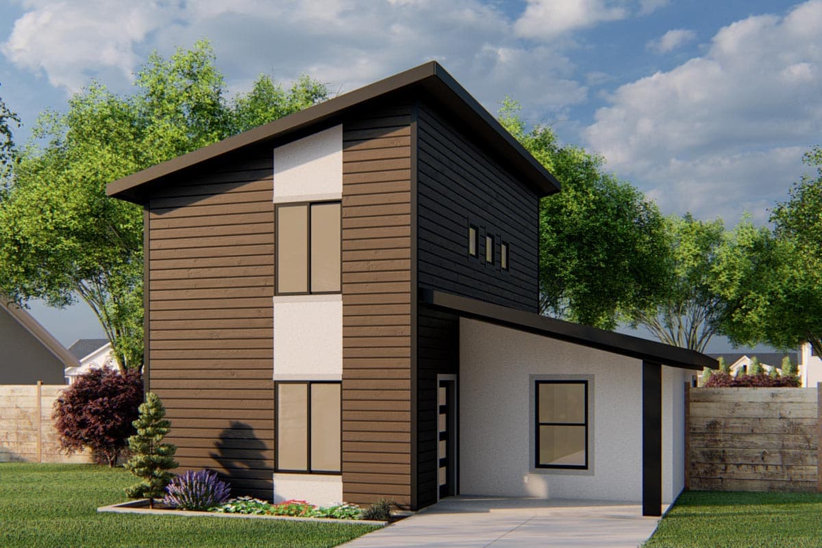 House plan exterior with two stories. Modern style with flat rooflines, dark wood siding, and contrasting white stucco accent. Rectangular windows.