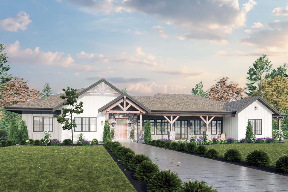 House plan exterior. Single-story Modern Farmhouse with a gabled roof, stone-clad entry, and covered porch with exposed beams.