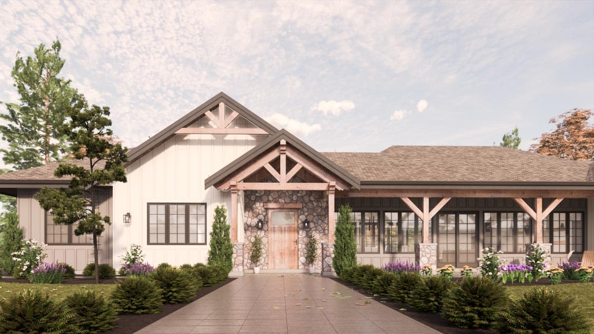 Modern farmhouse exterior with stone-clad entrance, white board-and-batten siding, and a covered porch with timber beams.
