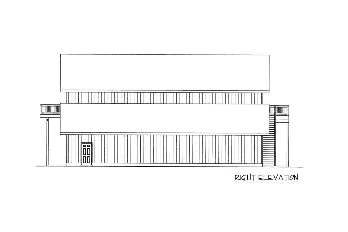 Architectural house plan, right elevation view showing a two-story structure with a prominent horizontal band, a central door, and a side balcony.