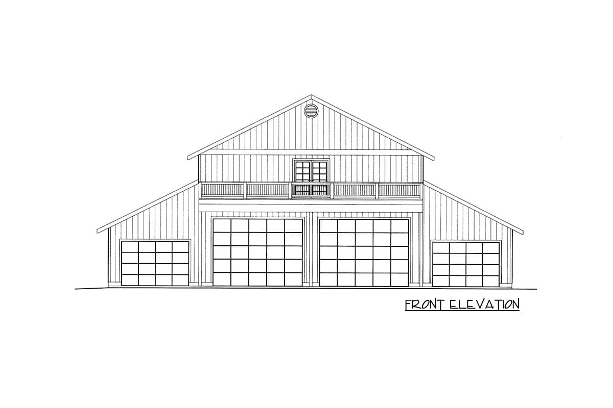 Front elevation drawing of a two-story barn-style house plan with a balcony, two large garages, and two smaller garages.