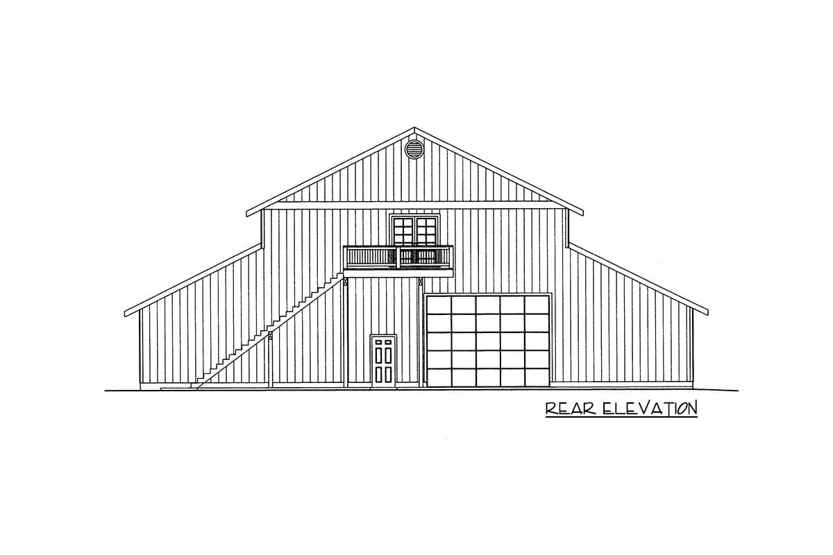 Rear elevation of a two-story barn-style house plan with a large garage door, a balcony, and external stairs.