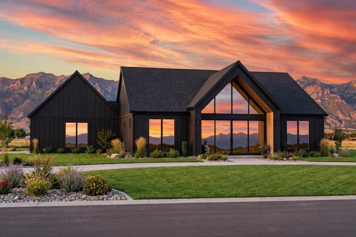 Modern house plan exterior with vertical siding, gable rooflines, and a large floor-to-ceiling window wall.
