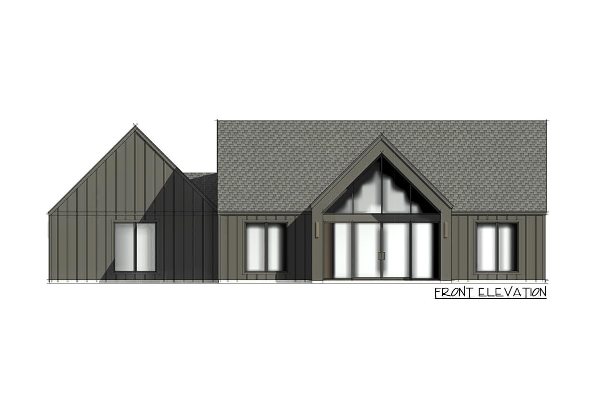 Front elevation drawing of a modern house with vertical siding, gabled rooflines, and a large, multi-panel window.