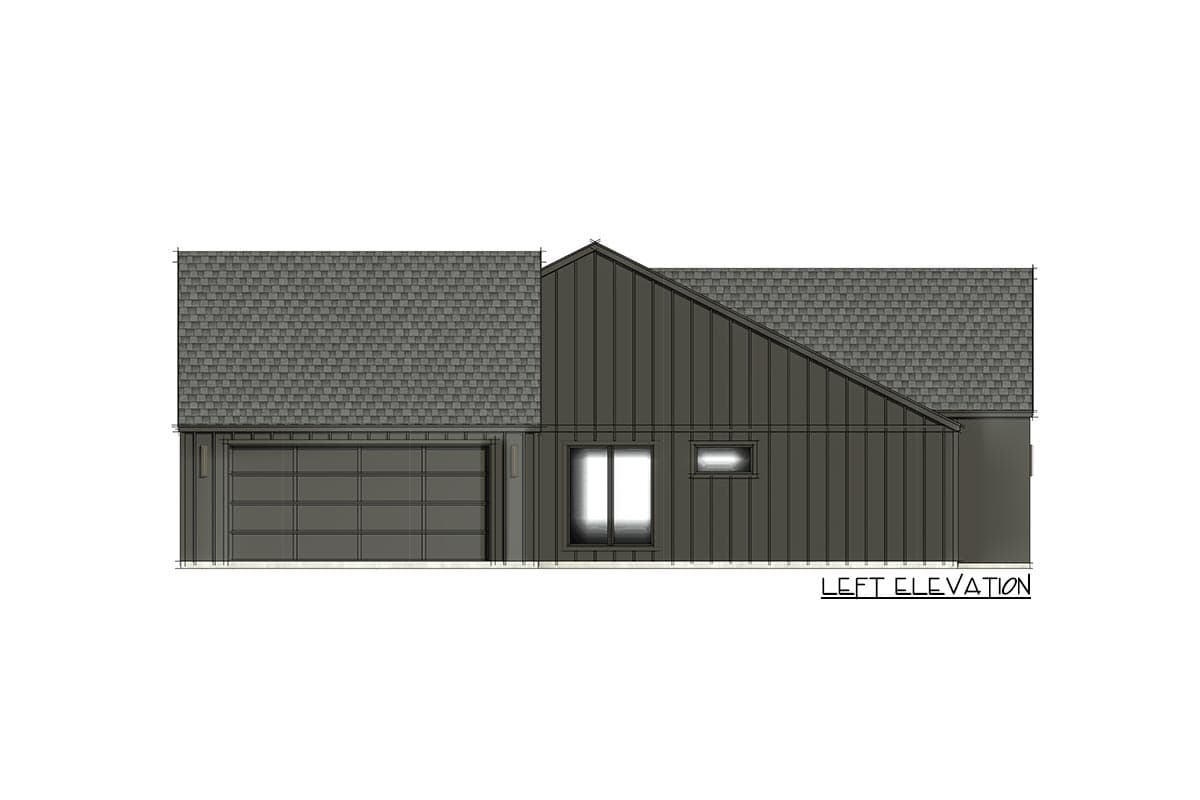 Left elevation of a house plan featuring a pitched roof, metal siding, a two-car garage door, and multiple windows.