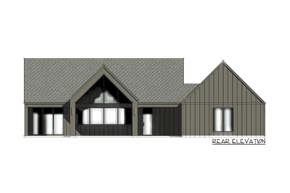 Rear elevation house plan with gable rooflines, large windows, and vertical siding.
