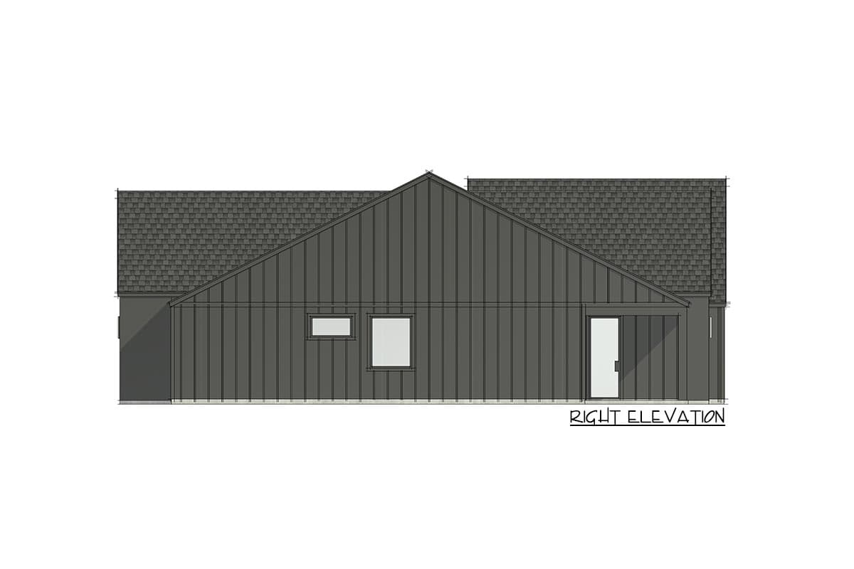 Right elevation house plan. Features dark vertical siding, gable roof, two windows, and a single door.