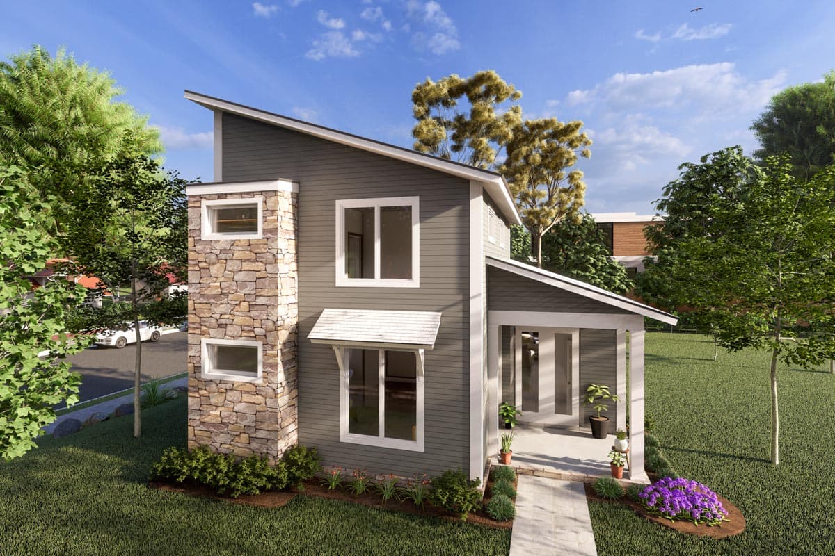 Two-story house plan exterior with a modern design featuring a stone accent wall, a shed roof, and a covered front porch.