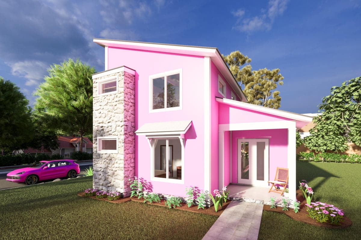 Two-story house plan exterior with stone accent wall, covered porch, gabled roof, and pink siding.