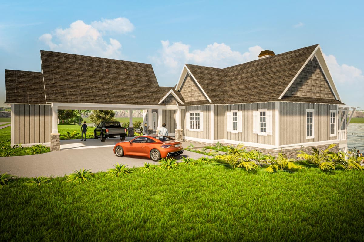 House plan exterior: Single-story Modern Farmhouse with side-entry carport, prominent gables, and board-and-batten siding.