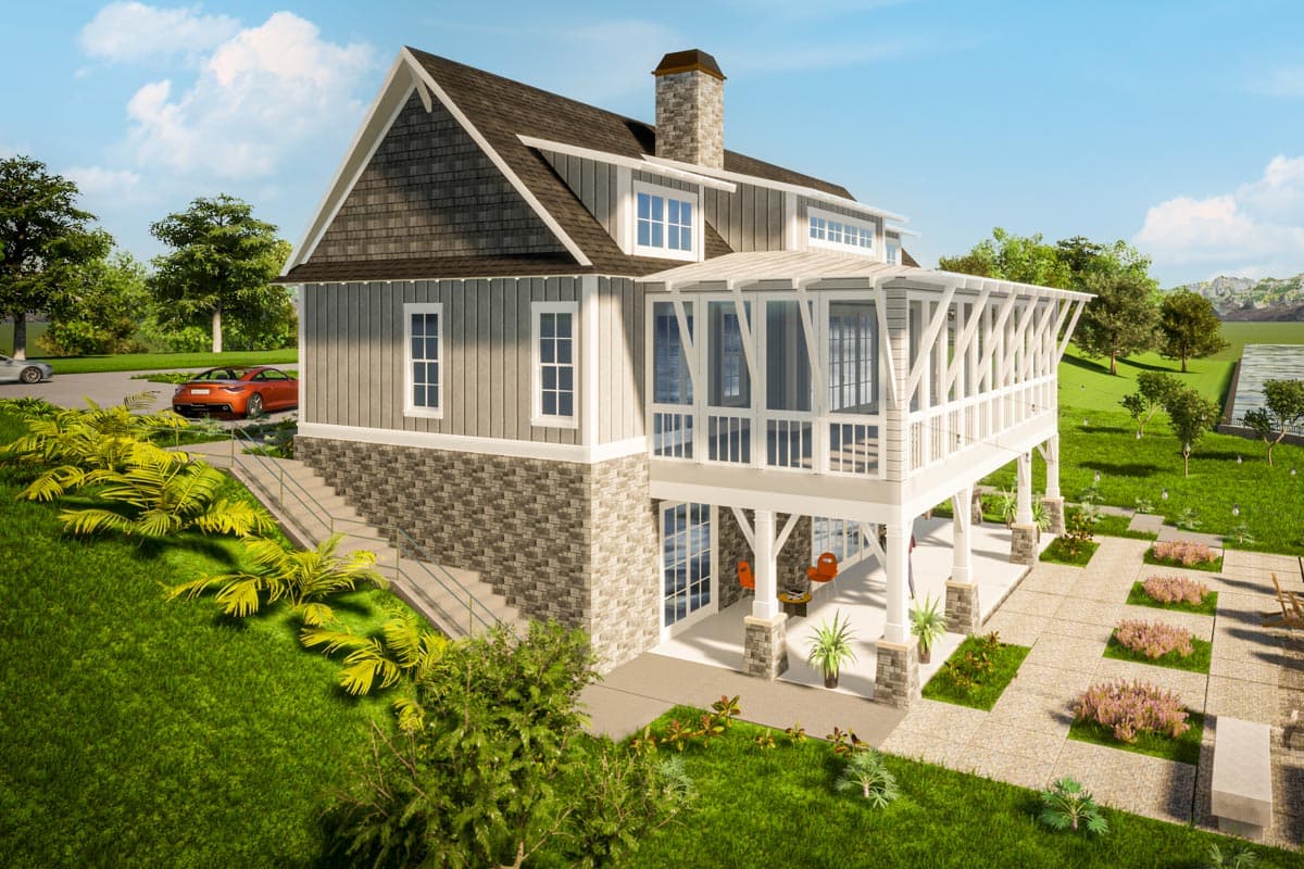 House plan exterior featuring board-and-batten siding, stone accents, a covered deck, and a prominent gable.
